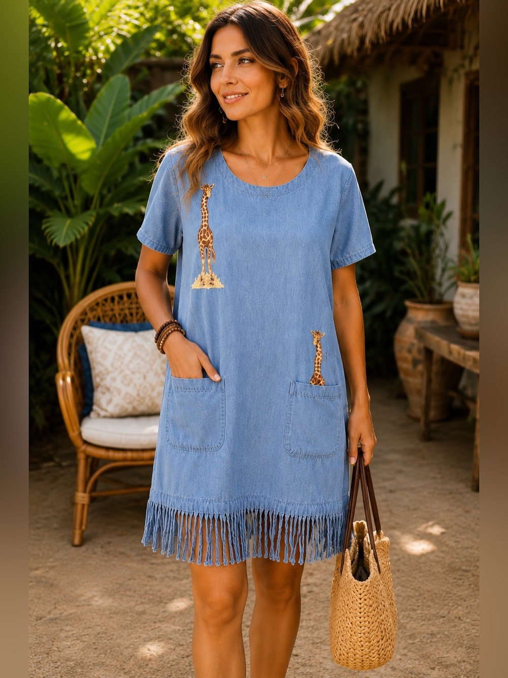 Bali Boutique Denim Fringe Giraffe Tunic Dress Large Safari Boho Cottagecore